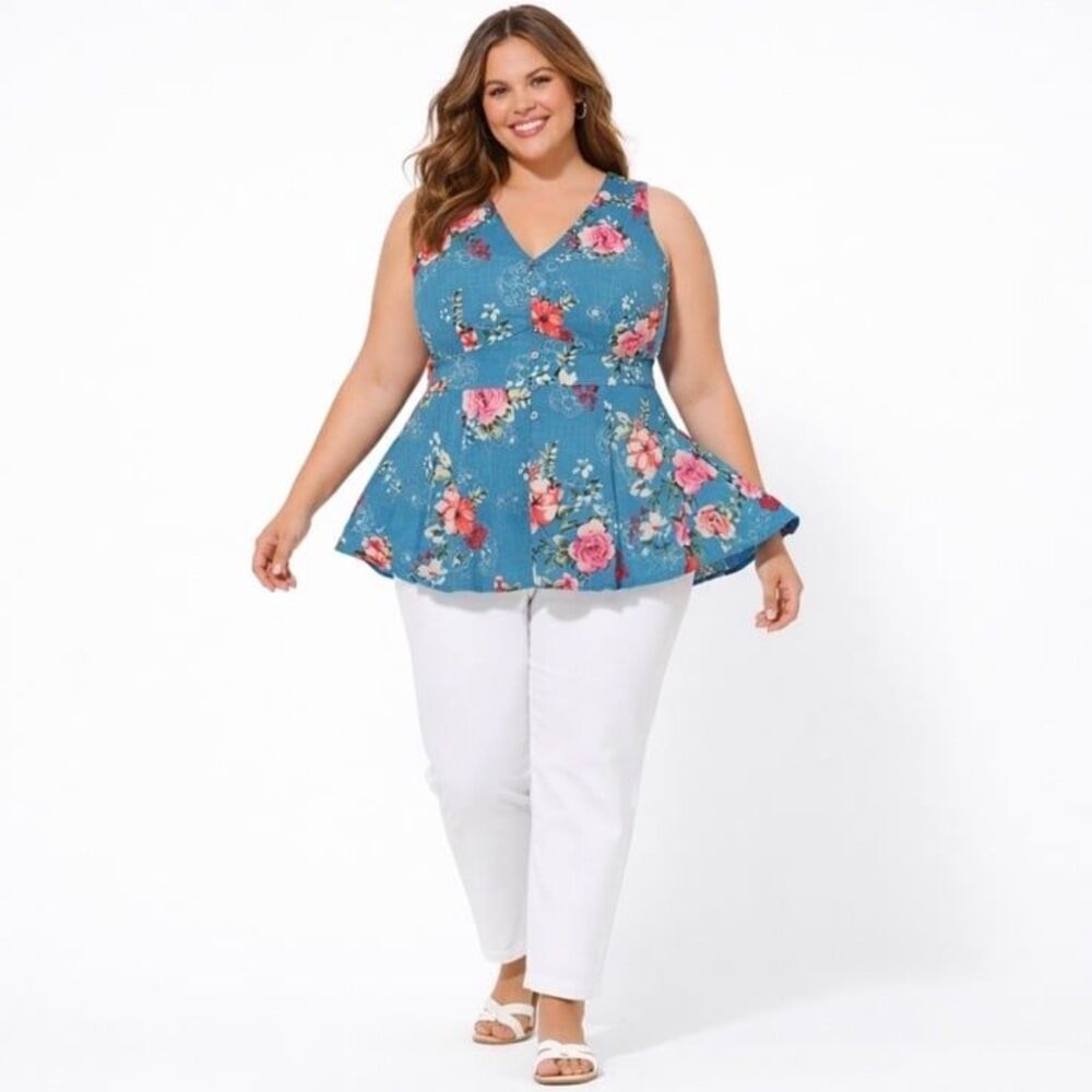 Torrid Blue Floral Button Front Peplum Tank with Tie Waist NWT